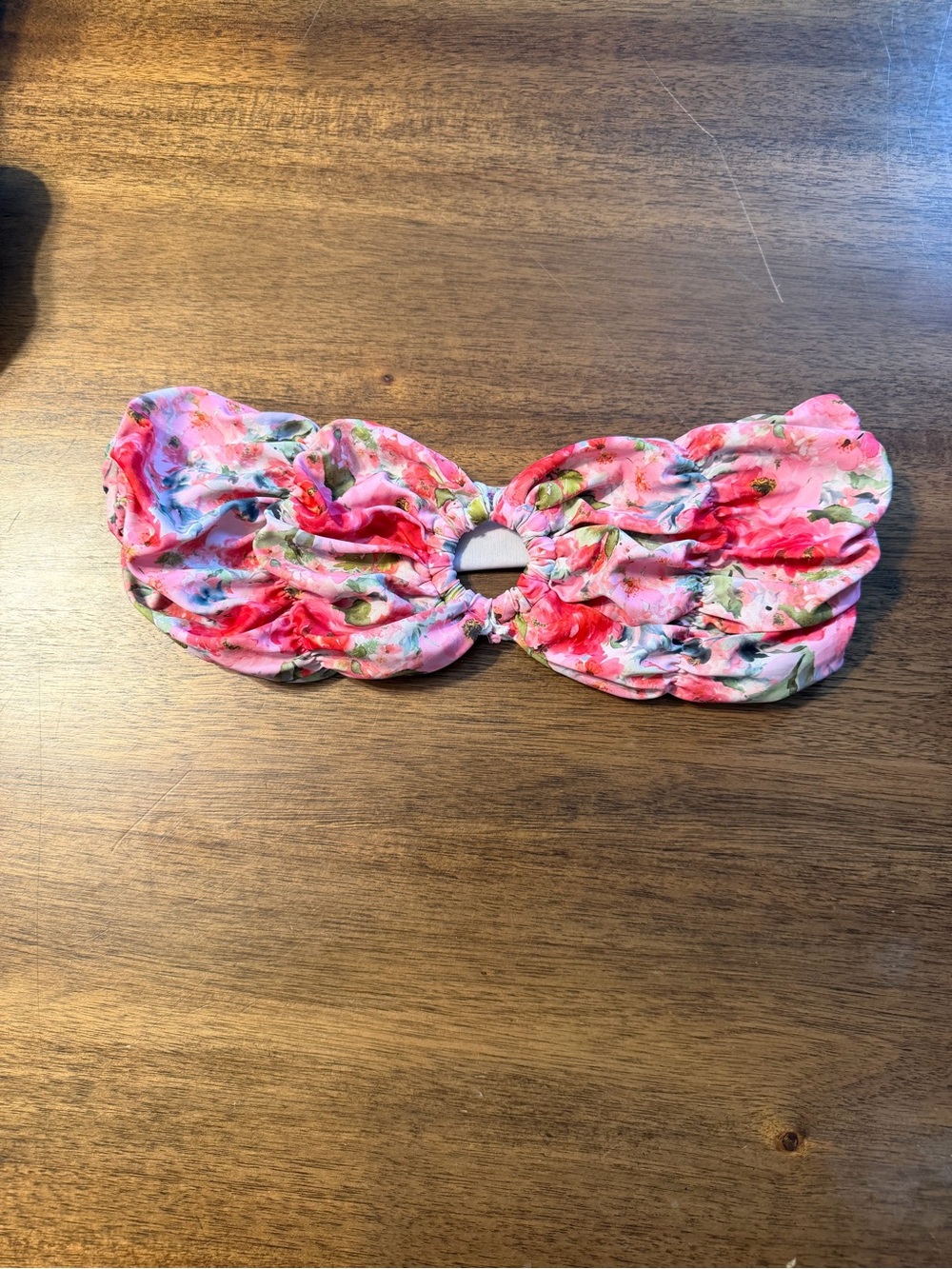 Floral Pink Ruched bathing suit top with Center Ring